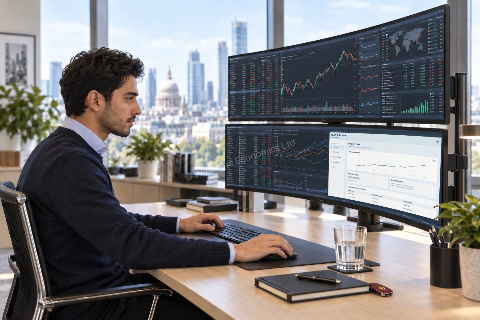 Illustrative scene of a portfolio manager using two ultrawide market displays with a conceptual Waterline personal-performance and estimated-payout view.