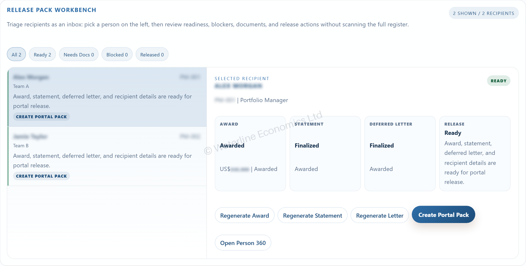 An illustrative operator view of awarded compensation and finalised documents, ready for portal release.